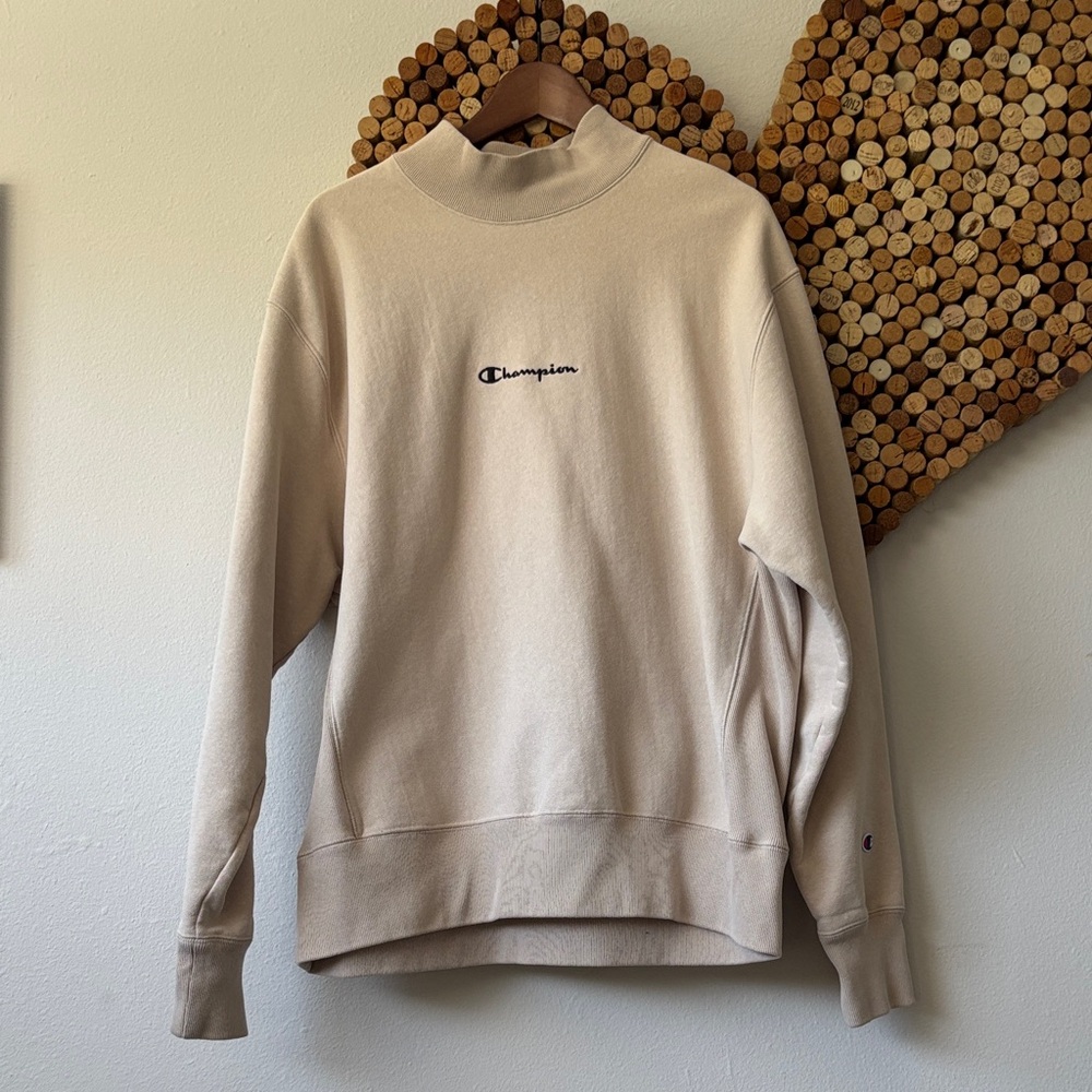 Champion UO Exclusive Embroidered Script Logo Mock Neck Sweatshirt in beige